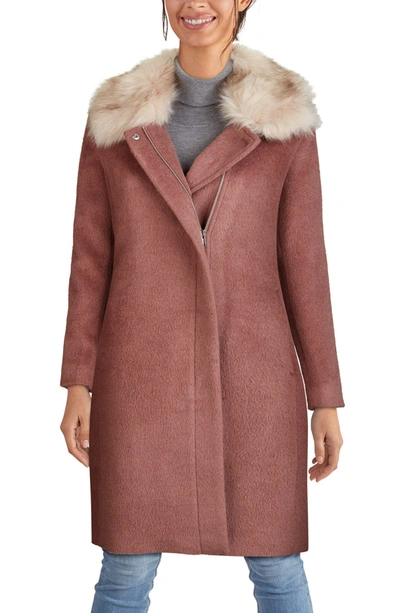 Cole Haan Faux-fur Collar Belted Wrap Coat In Peony