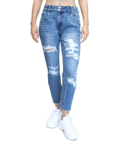 Almost Famous Juniors' Destructed Double Button High-rise Mom Jeans In Medium Was