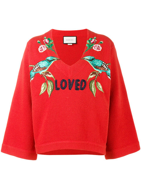 Gucci Red 'loved Bird' Embroidered Top | ModeSens
