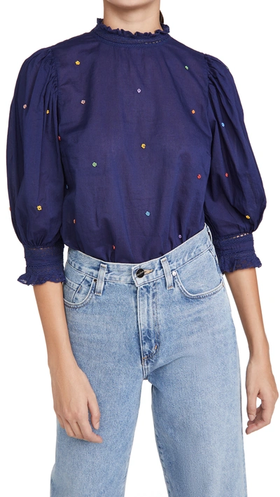 Farm Rio Navy Embroidered Blouse In Multi