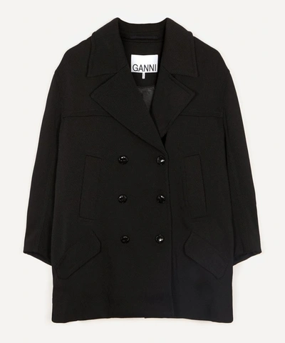 Ganni Double-breasted Twill Jacket In Black