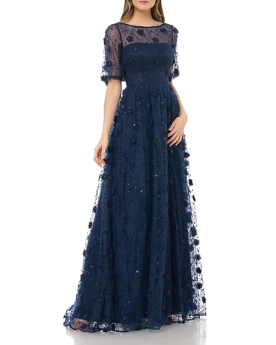 Carmen Marc Valvo Infusion 3d Floral Puff-sleeve Illusion-neck Ball Gown In Navy