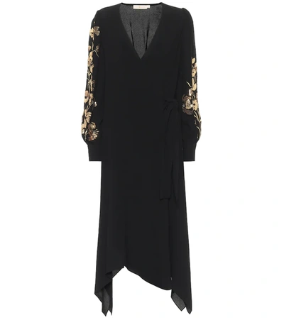 Tory Burch Asymmetric Embellished Embroidered Crepe Wrap Dress In Black,gold