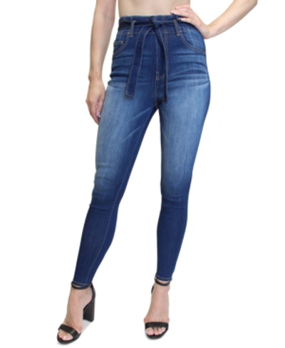 Almost Famous Juniors' Belted Super High-rise Skinny Jeans In Dark Wash