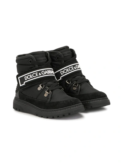 Dolce & Gabbana Kids' Nylon And Split Leather Ankle Boots With Logo In Black