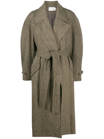 Low Classic Chevron Pattern Wool Midi Coat In Brown