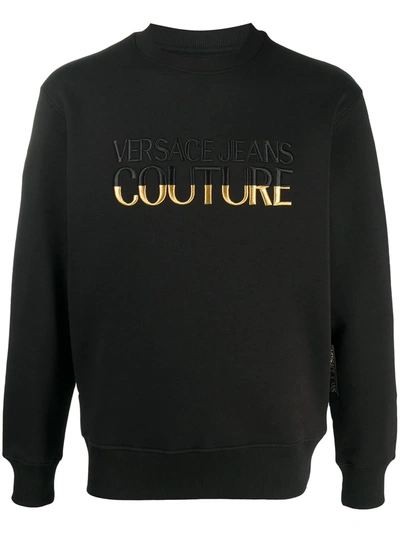Versace Jeans Couture Black And Gold Logo Embroidery Sweatshirt In Bla