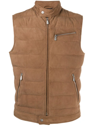 Eleventy Quilted Suede Gilet In Brown