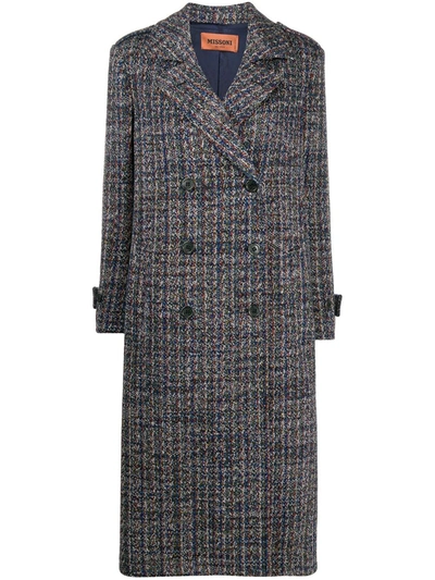 Missoni Double Breasted Tweed Trench Coat In Blue