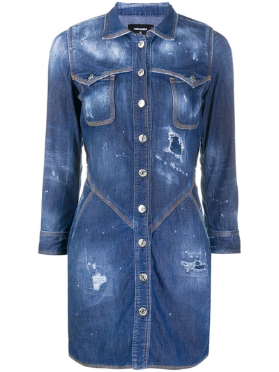 Dsquared2 Distressed Denim Shirt Dress In Blue | ModeSens