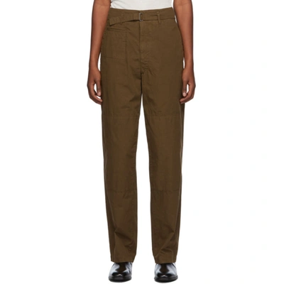 Lemaire Belted Cotton Trousers In 487 Drkbrwn