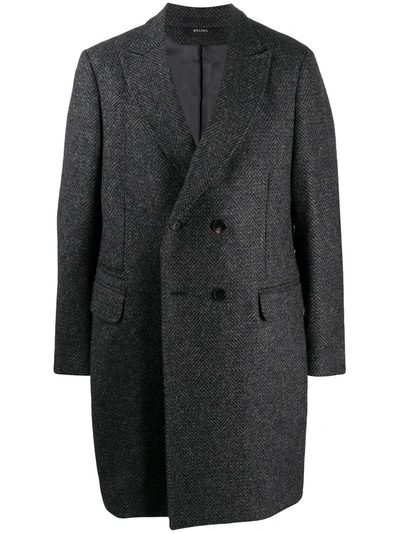 Z Zegna Woven Double-breasted Coat In Black