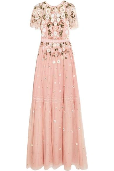 Needle & Thread Lace-trimmed Embellished Tulle Gown In Pastel Pink