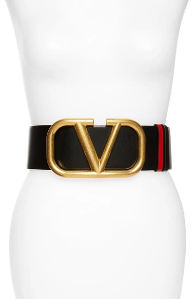 Valentino Garavani Vlogo Reversible Leather Belt In Black/ Red