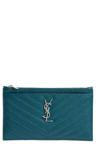 Saint Laurent Monogram Matelasse Leather Pouch In Petrol Green