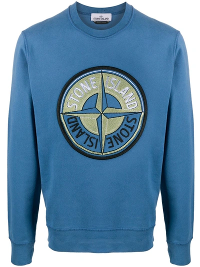 Stone Island Center Logo Cotton Sweatshirt In Blue