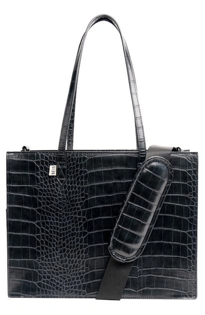 Beis Mini Work Croc Embossed Faux Leather Tote In Black
