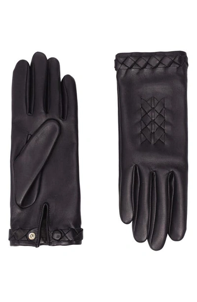Agnelle Hedy Woven Detail Lambskin Leather Gloves In Navy