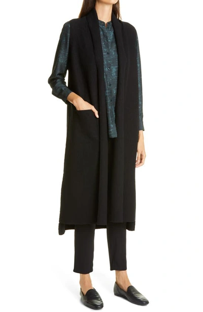 Eileen Fisher Petite Boiled Wool Long Shawl-collar Vest In Black