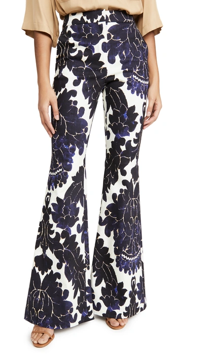 Adam Lippes High Waist Fitted Flare Pants In Royal Blue Damask