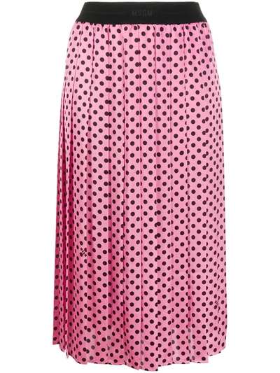 Msgm Pink Polka-dot Satin Midi Skirt