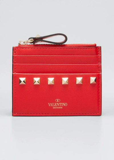 Valentino Garavani Rockstud Zip Leather Card Case In Red