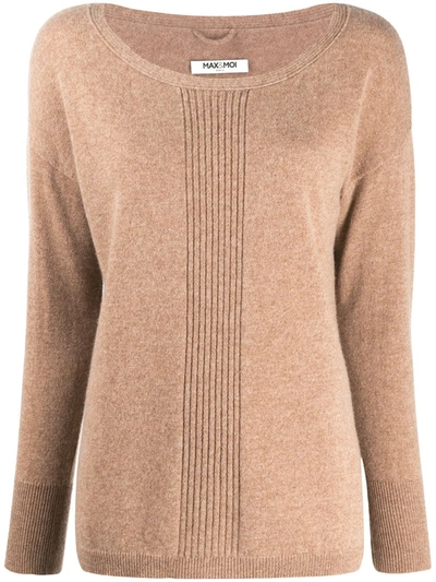 Max & Moi Ribbed-centre Round Neck Jumper In Brown