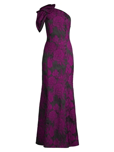 Aidan Mattox One-shoulder Floral Jacquard Gown In Dark Magenta