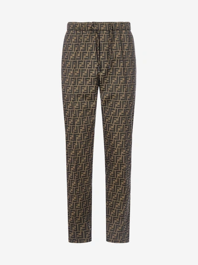 Fendi Pantaloni In Misto Cotone Con Logo Ff In Marron