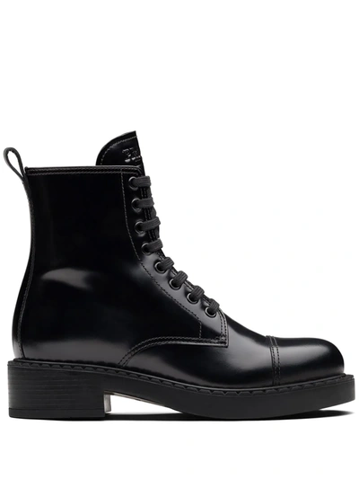 Prada Block Heel Combat Boots In Schwarz