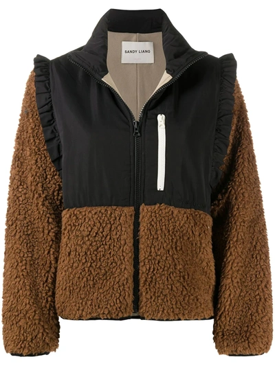 Sandy Liang Mia Ruffle Shoulder Fleece Jacket In Brown
