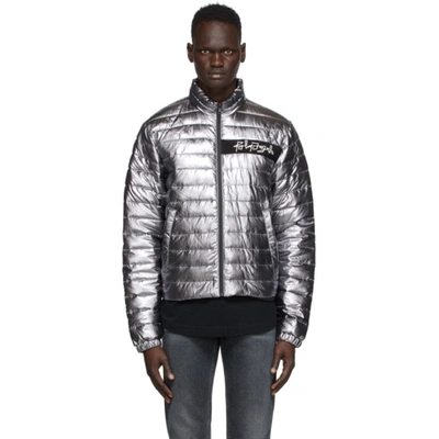 Palm Angels Logo Embroidered Metallic Puffer Jacket In Grey/white