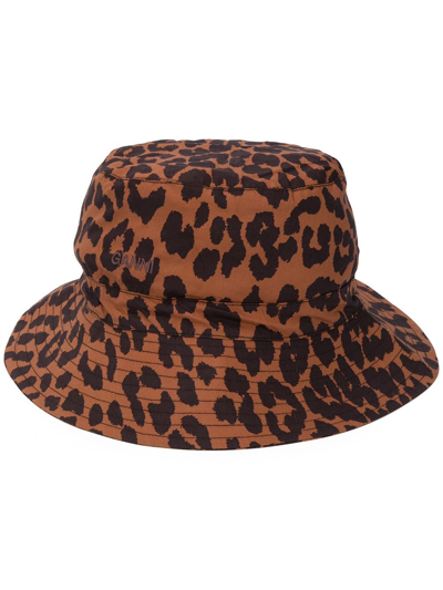 Ganni Leopard-print Organic-cotton Bucket Hat In Brown