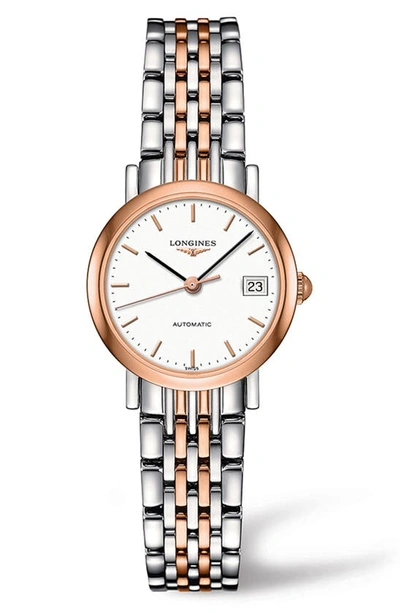 Longines Elegant Automatic Bracelet Watch, 25.5mm In Silver/ White/ Rose Gold