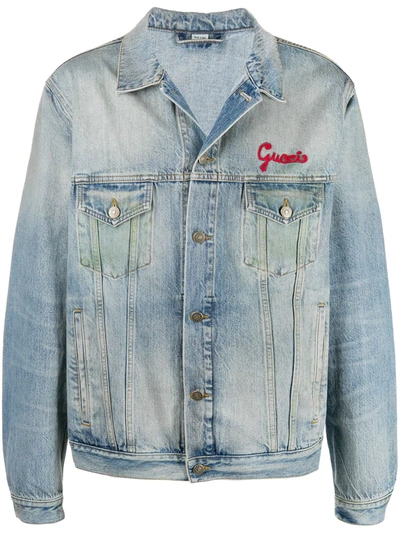 Gucci Cat-embroidered Denim Jacket In Light Blue