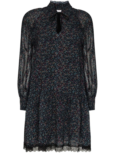 See By Chloé Floral Print Tie Neck Dress In Blue