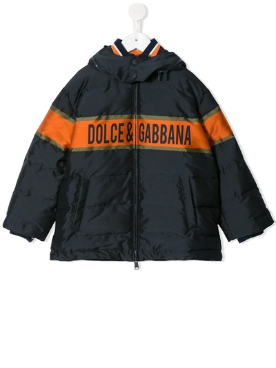 Dolce & Gabbana Kids' Nylon Down Jacket With Hood And Jacquard Logo In Blue