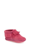 Minnetonka Kids' 'riley' Fringe Suede Bootie In Hot Pink