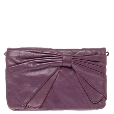 Pre-owned Nina Ricci Purple Leather Pleated Bow Flap Shoulder Bag