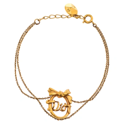 Pre-owned Dior Vintage Bow Logo Gold Tone Double Chain Bracelet