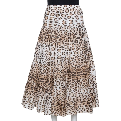 Pre-owned Roberto Cavalli Bicolor Leopard Print Cotton Tiered Midi Skirt M In White