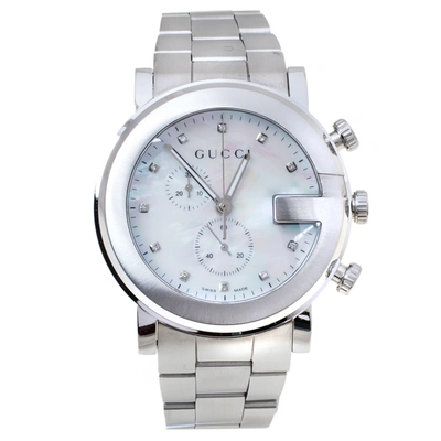 Pre-owned Gucci Mother Of Pearl Stainless Steel Diamond G-chrono 101m Women's Wristwatch 44 Mm In Silver