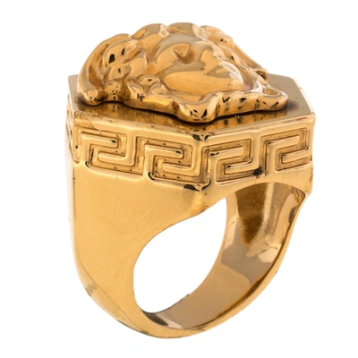 Pre-owned Versace Greca Patterned Medusa Hexagonal Ring Size Eu 58 In Gold