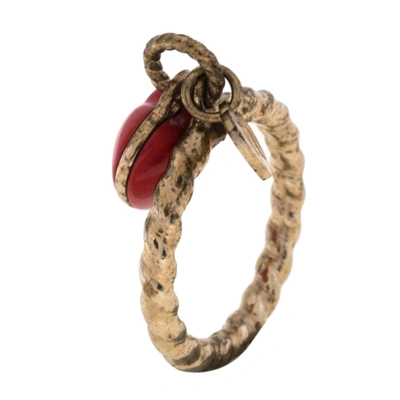 Pre-owned Fendi Red Enamel Heart Charm Gold Tone Ring Size Eu 61