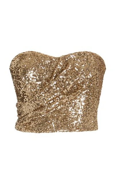 Semsem Draped Sequin-embellished Strapless Bustier Top In Gold