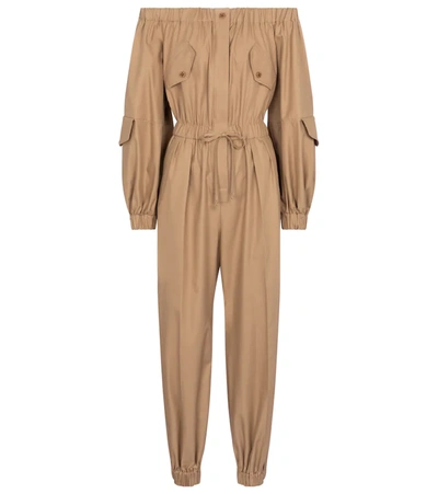 Max Mara Romana Off-the-shoulder Cotton-twill Jumpsuit In Beige