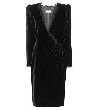 Saint Laurent Velvet Ruffled Wrap Dress In Black