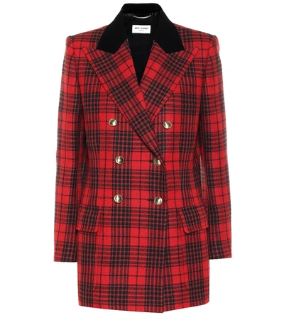 Saint Laurent Check Double Breast Wool Blazer In Red