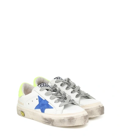 Golden Goose Kids' Superstar Leather Sneakers In White/bluette/yellow Fluo