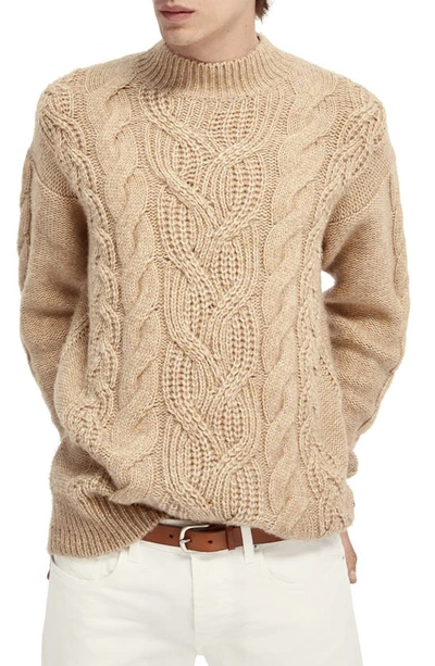 Scotch & Soda Mock Neck Cable Knit Sweater In Camel Melange